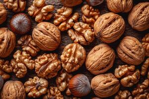 AI generated Walnuts in the shell and without it lie on the surface. Background of fresh walnuts photo