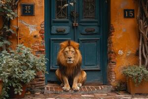 ai generado un grande león es sentado guardando el frente puerta de el casa foto