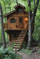 AI generated Cute little tree house for kids in the forest photo