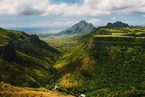 Mountain Landscape of the gorge on the island of Mauritius, Green mountains of the jungle of Mauritius photo