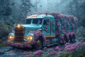 AI generated An old truck in a flower bed. Decor photo