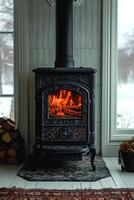 AI generated cast-iron stove in a rustic house with a fire lit inside to heat the house photo