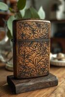 AI generated A vintage gasoline lighter for cigars stands on a stand on the table photo