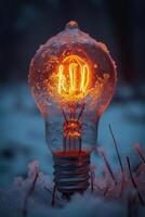AI generated An ordinary incandescent light bulb stands outside in winter and burns photo