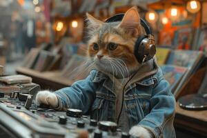 AI generated A cat with headphones in a music store photo