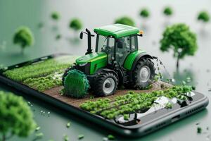 ai generado un agrícola tractor soportes en un teléfono inteligente alrededor un planta. el concepto de agrícola gestión. 3d ilustración foto