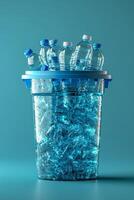 AI generated Lots of plastic bottles in a bucket on a blue background photo