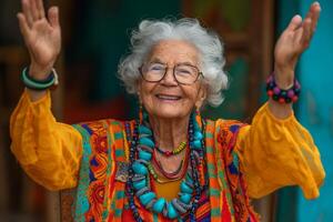 AI generated Happy and playful elderly woman in colored clothes indoors photo