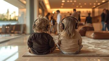 AI generated Two sad children are sitting on the floor with headphones on against the background of their parents' party photo