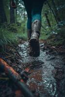 AI generated A man walking through mud in the middle of the jungle in rainy weather photo