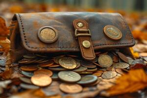 ai generado antiguo lujo bolso y dispersado efectivo monedas foto