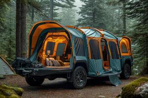 AI generated An SUV with a tent on the roof in the wild. Traveling by car photo