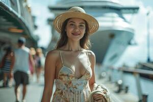 AI generated A girl in a hat standing in front of a large cruise ship. Sea voyage photo