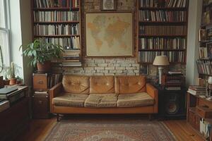 ai generado el sofá soportes en el hogar interior. diseño concepto foto