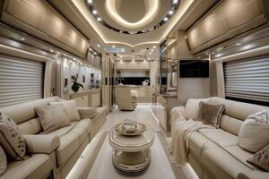 AI generated Luxurious interior inside the motorhome. The concept of a comfortable journey photo