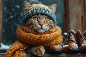 ai generado un gato en un invierno sombrero y bufanda en el calle durante el día en invierno foto