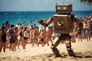 ai generado un robot en el playa en frente de un lote de de vacaciones gente. playa vacaciones foto