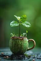 AI generated A green young plant in a flower pot, germinating seeds in a glass photo