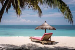 AI generated An empty chaise longue stands by the turquoise ocean. Rest near the sea photo