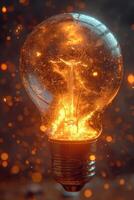 AI generated An ordinary incandescent light bulb stands on the ground and burns at night photo