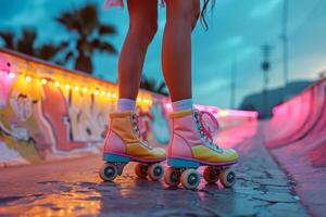 ai generado hermosa piernas largas muchachas actitud en Clásico rodillo patines en el parque en un calentar verano día foto