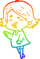 rainbow gradient line drawing of a cartoon girl pulling face png