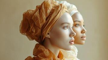 AI generated Portrait of two beautiful young girls in headdresses on a beige background close-up photo