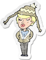 retro distressed sticker of a cartoon woman wearing winter hat png