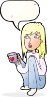 cartoon woman sitting with cup of coffee with speech bubble png