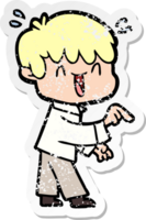 distressed sticker of a cartoon laughing boy png