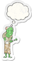 dessin animé zombi avec pensée bulle comme une affligé usé autocollant png