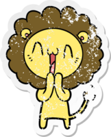 distressed sticker of a happy cartoon lion png