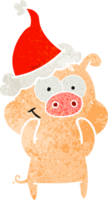 happy hand drawn retro cartoon of a pig wearing santa hat png