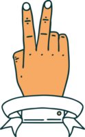 Retro Tattoo Style victory v hand gesture with banner png