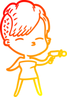 warm gradient line drawing of a cartoon squinting girl pointing ray gun png