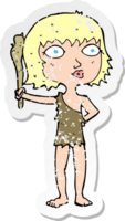 retro distressed sticker of a cartoon cave woman png
