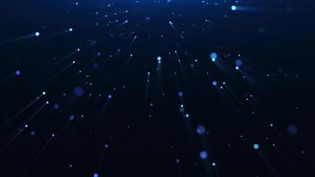 Abstract blue particles background. The dots emit rays of light and move downwards. Beautiful bokeh and particle rain. Seamless loop video