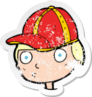 autocollant rétro en détresse d'un garçon curieux de dessin animé portant une casquette png