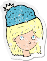 adesivo retrò in difficoltà di una donna cartone animato che indossa un cappello invernale png
