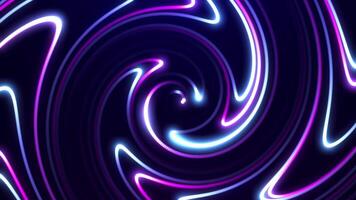 Abstract rotating surface made of bright neon swirling lines. High-tech glowing technological spiral. Rotating background. seamless looping animation video