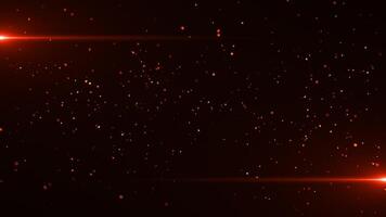 Abstract background of bright dust particles, similar to flying sparks and coals from a fire on a black background, fire flares. The background is illuminated by bright rays of laser. Seamless loop video