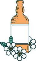 iconic tattoo style image of a rum bottle and flowers png