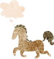 dessin animé cheval fonctionnement avec pensée bulle dans grunge affligé rétro texturé style png