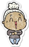 distressed sticker of a cartoon happy old lady png