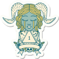 sticker of a crying tiefling face with natural 1 D20 Dice png