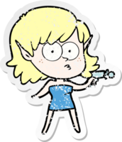 distressed sticker of a cartoon elf girl with ray gun png