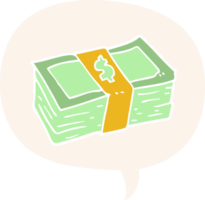 cartoon stack of cash with speech bubble in retro style png