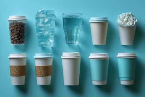 AI generated eco-friendly disposable tableware made of paper and wood on a blue background. the concept of recycling photo