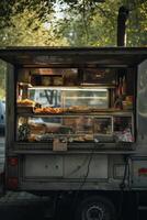 ai generado un camioneta con calle alimento. un comida camión foto