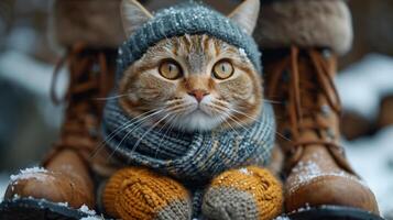 ai generado un gato en un invierno sombrero y bufanda en el tarde en invierno en el calle cerca el del propietario Zapatos foto